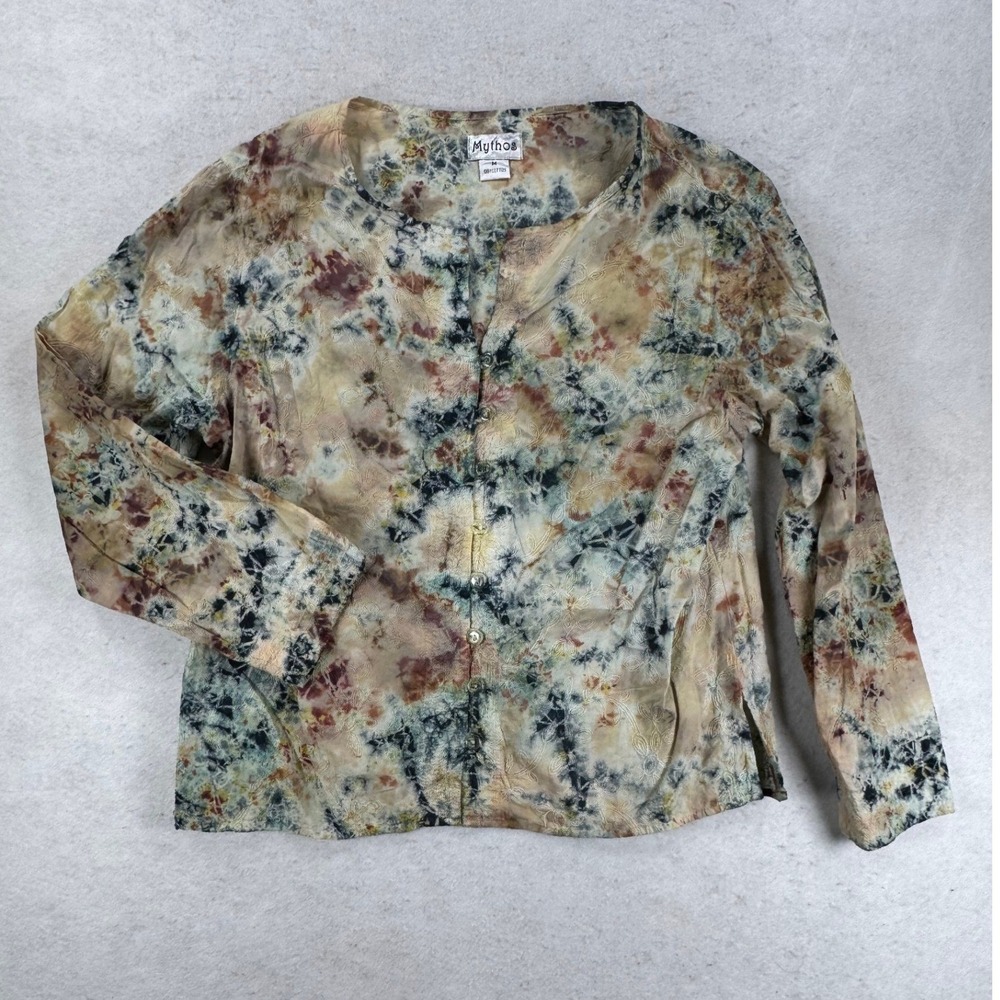 Mythos Womens Cotton Tie Dye Embroidered Button Front Blouse Tan Size M BOHO
